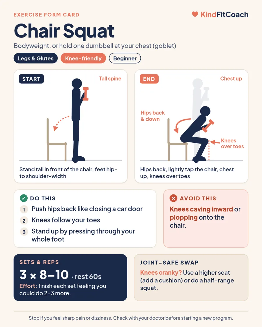 KindFitCoach form card showing how to do a chair squat